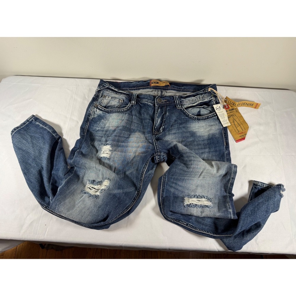 NWT Seven7 Jeans Co Mens 34x30 Straight Fit Distressed Blue Denim SN1350AI